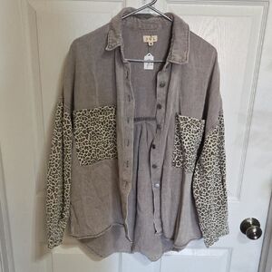 POL Button Down Shirt with Leopard Accents - Grey and Cream